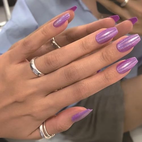 MISUD 24-Piece Medium Glossy Purple Chrome Acrylic Coffin Ballerina Press-On Nails - Image 3