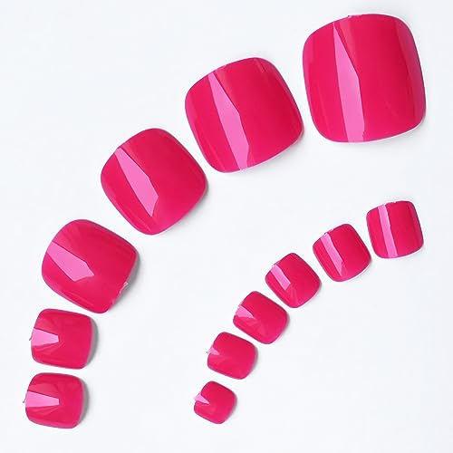 LuckForever Short Press on Toenails 240pc Glossy Neon Pink Press on Toenails Short Square Fake Toe nails Full Cover 10 Nail Adhesive Tabs,Small Wooden Sticks & Nail Files False Toenails for Women - Image 4