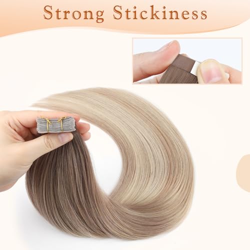 Full Head Ombre Tape-In Human Hair Extensions Balayage Light Chestnut Brown to Honey Blonde 20 Inch 50g - Image 5