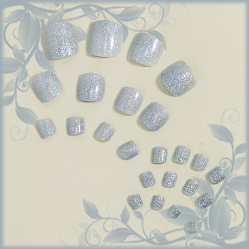 Gel Nail Press on Toe Nails Silver Ash Short Square Fake Toenails Cute Sparkly UV Full Cover Artificial Toenail Glossy Blue Acrylic False Toes Nails Manicure Art Gel Toe Nail for Coquette Women 24Pcs - Image 3