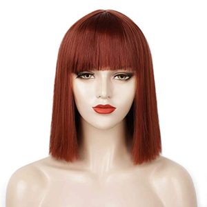 Entranced Styles Short Bob Wig Dark Auburn Synthetic Hair With Bangs 12 Inch