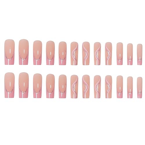 24 Pcs Long Press on Nails Square Fake Nails Glossy Pink French False Nails Tips Full Cover Glitter Line Designs Acrylic Nails French Tip Artificial Nails Stick on Nails for Women Nail Decorations - Image 2