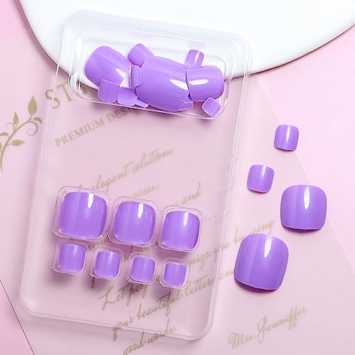 Purple Press on Toenails Solid Square Fake Toenails Glossy Press on Toes Nails Short Acrylic Glue on Toe Nails Cute False Toenails Toe Nails Press on Summer Beach Artificial Toenails for Women 24PCS - Image 4