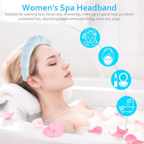 Skincare Headbands for Women, Makeup Spa Headband Bubble Face Wash Headbands for Washing Face or Facial with Hair Clips, Thick Hair Cute Puffy Sponge Head Hair Band for Women Girls Headwear (Blue) - Image 4