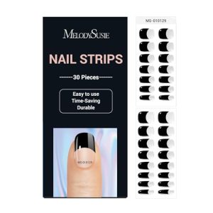 MelodySusie Black French Tip Semi Cured Gel Nail Strips 30 Wraps Set with Tools