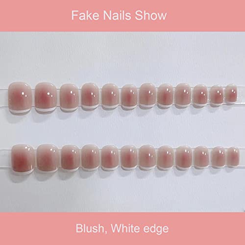 24-PCS French Press on Nails Short Fake Nails Blush Stain False Nails White Edge Fake Nails Burgundy Moose Pattern Fake Nails Glossy False Nails Full Cover Acrylic Nails for Women & Girls - Image 3