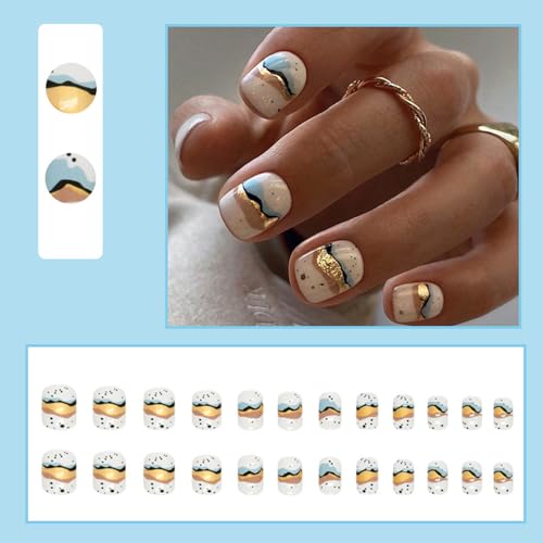 24 Piece Short Square White Press On Nails with Gold Foil Glitter Design - Image 2
