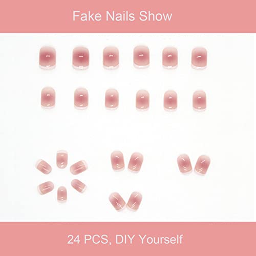 24-PCS French Press on Nails Short Fake Nails Blush Stain False Nails White Edge Fake Nails Burgundy Moose Pattern Fake Nails Glossy False Nails Full Cover Acrylic Nails for Women & Girls - Image 2