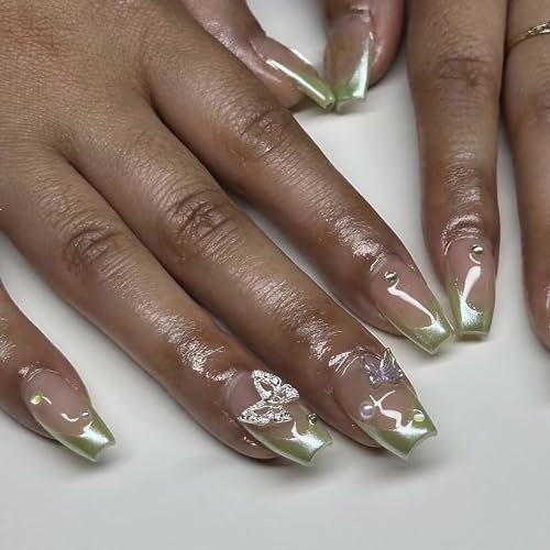 BABALAL Coffin Press on Nails Medium Fake Nails Green Chrome French Tip Glue on Nails St Patrick's Day Acrylic Nails 24Pcs 3D Butterfly Rhinestone Ballerina Artificial False Nails for Women and Girls - Image 2