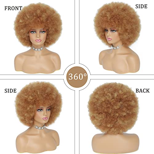 Afro Wig - Soft 70s Afro Wig For Women Blonde Afro Kinky Curly Hair Wigs With Bangs Natural Looking Ash Blonde Short Afro Curly Wig For Men Bouncy Afro Puff Wig Synthetic Hair Big Afro Wig For Daily Party Use - Image 2