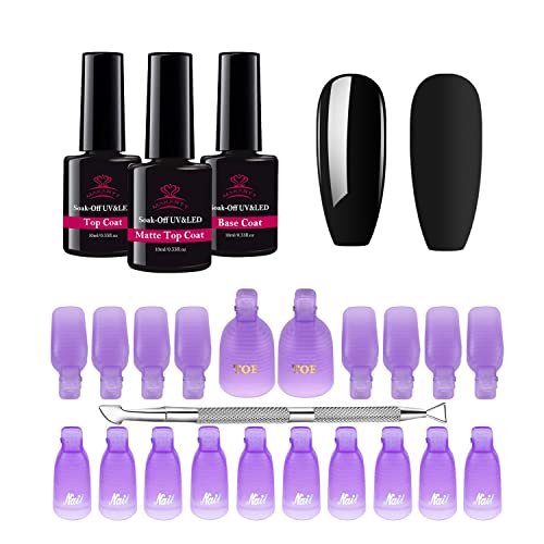 Makartt Gel Nail Polish Remover Clips Kit, Matte Top Coat and Base Coat, 20 Pcs Resuable Finger and Toenail Acrylic Nail Polish Remover Wraps, Clear Gel Nail Polish High Gloss Top Gel 3 in 1 Gel Coat