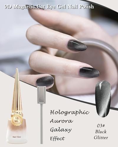 Black Crystal Cat Eye Gel Nail Polish, 9D Holographic Glitter Aurora Cateye Gel Polish, Diamond Shiny Magnetic Stick Nail Polish Kit, Soak Off UV Gel DIY Nail Art Manicure Home Salon Gift for Women-03 - Image 2