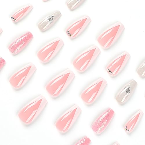 Valentines Press on Nails Medium Silver Glitter Heart Coffin Fake Nails White French Tip Pink Sequins Acrylic Nails Press ons Cute Valentine's Day Stick Glue on Nails for Women Girls 24 Pcs - Image 5