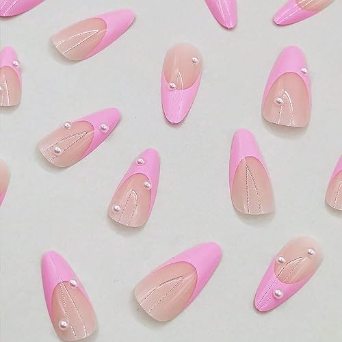 Almond Press on Nails Short White Nails Pearl Acrylic False Nails with Designs Cute Artificial Fake Nails Reusable Glue on Nails Pink Artificial Stick on Nails for Women Girls - Image 7