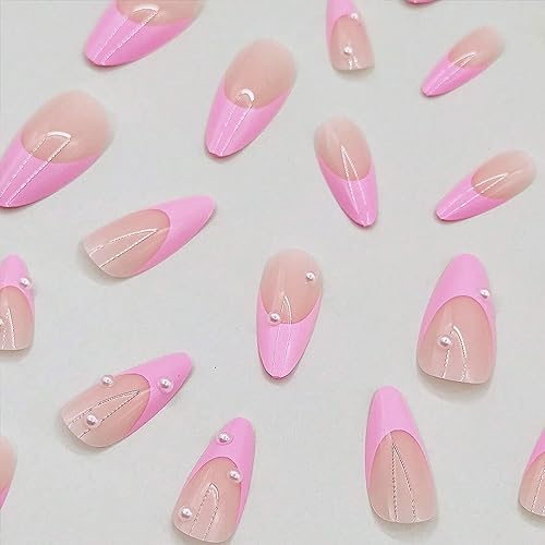 Almond Press on Nails Short White Nails Pearl Acrylic False Nails with Designs Cute Artificial Fake Nails Reusable Glue on Nails Pink Artificial Stick on Nails for Women Girls - Image 3