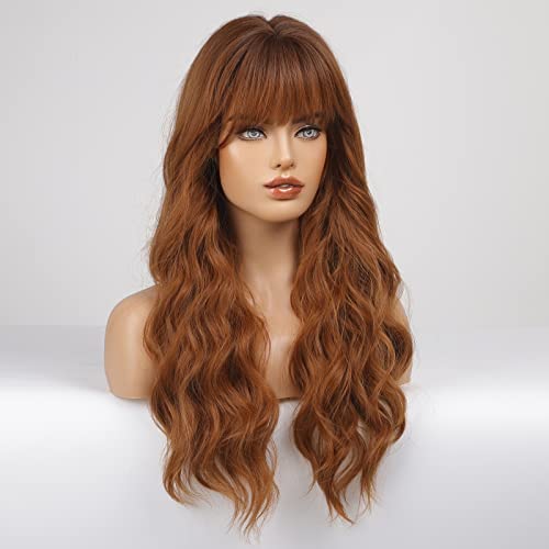 HAIRCUBE Ombre Auburn Long Curly Synthetic Wig with Bangs Heat-Resistant for Women - Image 4
