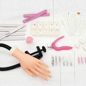 Nail Training Practice Hand Kit | Pass Your Boards like a Pro – Manicure Set includes Practice Hand for Acrylic Nails, 15 pc. Brush Set, 500 False Nail Tips, Rhinestones, Nail Files and Buffers