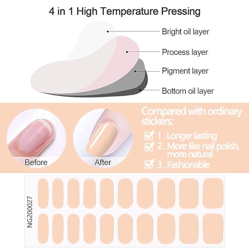 WOKOTO 20 Pcs Bisque Semi Cured Gel Nail Polish Strips With Nail File & Wooden Stick Holographic Gel Nail Strips UV Gel Nail Stickers Full Nail Wraps Stick On Nail Polish Stickers For Women - Image 6