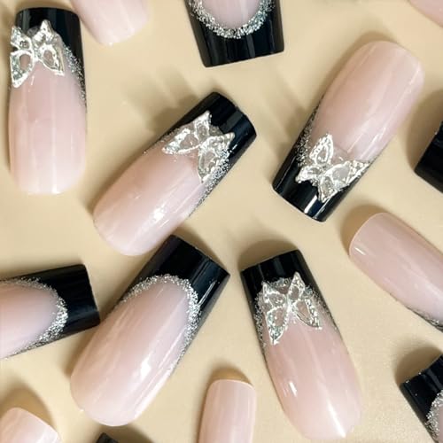 Square Medium Length Press On Nails Black French Tip Butterfly Design 24 Count - Image 5