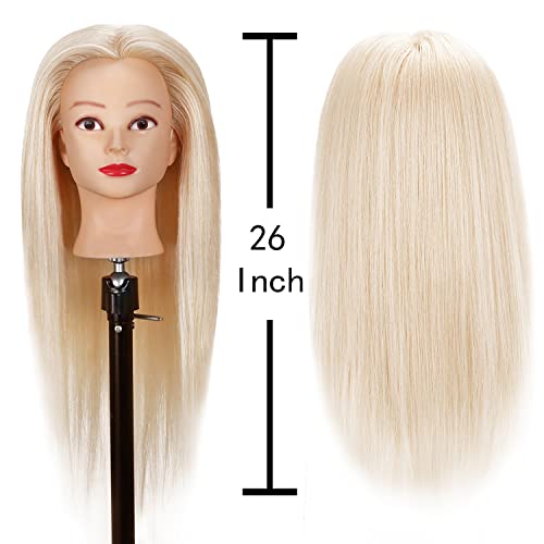 26"-28" Long Hair Mannequin Head with 60% Real Hair, Hairdresser Practice Training Head Cosmetology Manikin Doll Head with 9 Tools and Clamp - Makeup On - Image 3