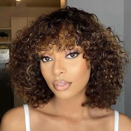 Highlight Honey Blonde Short Curly Bob Brazilian Human Hair Wigs With Bangs Ombre 4T27 Color Short Pixie Cut Bob Curly Wave Deep Wave Wigs 13X4 HD Transparent Lace Human Hair Wigs For Women 150% D - Image 3