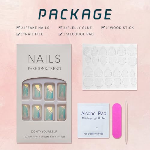 Short Square Press on Nails Solid White Color Fake Nails Acrylic Glossy French Nails with Cool Electroplating Chrome Designs Artificial Glue on False Nails DIY Stick on Nail for Women and Girls 24Pcs - Image 6