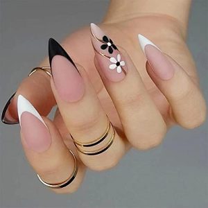 Flowers Press on Nails Medium Almond Fake Nails French Goldline Black White Floral False Nails Acrylic Petals Design Accessories Supplies for Home Manicure Salon Decoration DIY for Women 24PCS