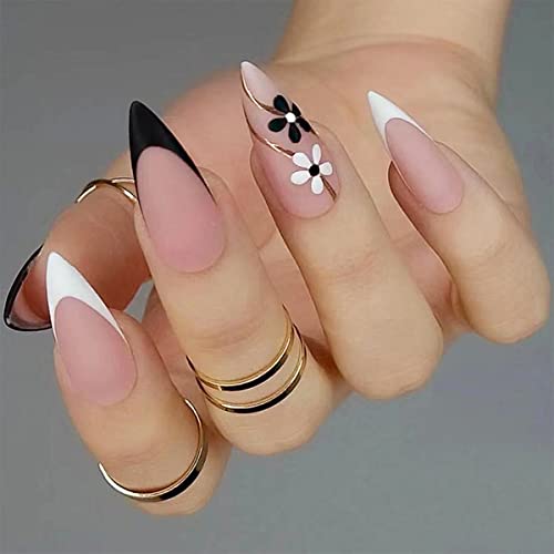 Flowers Press on Nails Medium Almond Fake Nails French Goldline Black White Floral False Nails Acrylic Petals Design Accessories Supplies for Home Manicure Salon Decoration DIY for Women 24PCS