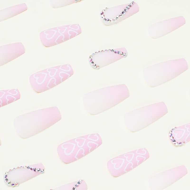 Light Pink Press on Nails with 3D Rhinestone, Medium Coffin Pink Gradient False Nails Art,Adorable Heart Pattern White Acrylic Matte Stick on Nail LANOVA FN-LT144 - Image 4