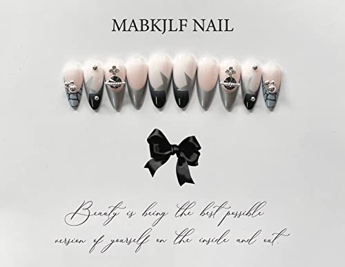 24 Pcs Y2K Press on Nails Medium Almond French Tip Fake Nails Full Cover False Nails with Stars Designs Glossy Glitter Acylic Nails with Planet Rhinestones Artificial Nails for Girls Women - Image 5