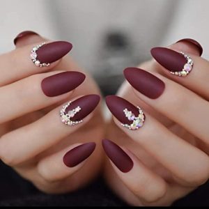 Dark Red Burgundy Matte 3D Luxe Crystal Design Press On Nails Full Cover Acrylic Nail Kit Glue On False Nails Extra Long Round Almond Stiletto Nail Art Tips Fashion Fake Nails Set