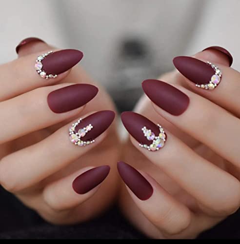 Dark Red Burgundy Matte 3D Luxe Crystal Design Press On Nails Full Cover Acrylic Nail Kit Glue On False Nails Extra Long Round Almond Stiletto Nail Art Tips Fashion Fake Nails Set