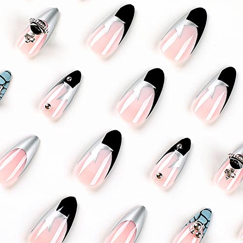 24 Pcs Y2K Press on Nails Medium Almond French Tip Fake Nails Full Cover False Nails with Stars Designs Glossy Glitter Acylic Nails with Planet Rhinestones Artificial Nails for Girls Women - Image 2