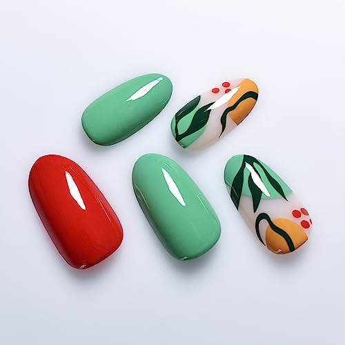 Glossy Press On Nails Pre-design Red Green False Nails with Summer Leaf Pattern Medium Length Oval Women Girls Gel Nail Art Tips Salon DIY Manicure Reusable Acrylic Fake Nails for Daily Office Home - Image 6