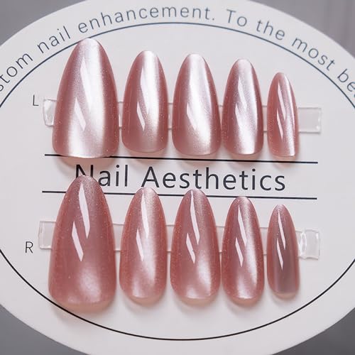 Almond Press on Nails Pink Fake Nails Cat Eye False Nails Glitter Full Cover Opaque Nails Press on Acrylic Nails with Glue on Nails Medium Length Stick on Nails Velvet Static Nails for Women and Girls - Image 8