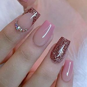 Diduikalor French Red Tip Press On Nails Medium Coffin Fake Nails Gold Fine Sparkle With Diamonds False Nails Acrylic Glue On Nails Reusable Stick On Nails For Women 24pcs