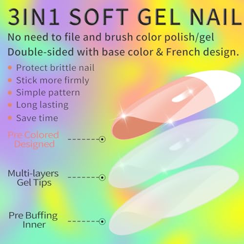 Monja French Tips Medium Square Colord Nail Tips Soft Gel Nail Tips No Need to File 144pcs Pre-French Nails Gel Fake Nails for Nail Extension 10 Sizes Easy to Use - Image 3