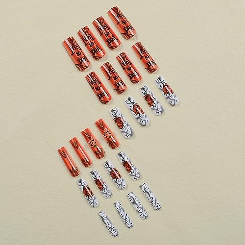 Halloween Press on Nails Long Coffin Fake Nails Glossy Acrylic Nails Glue on Nails with Designs Halloween False Nails Evil Pumpkin Ghost Spider Full Cover Stick on Nails for Women DIY Nail Art 24Pcs - Image 3