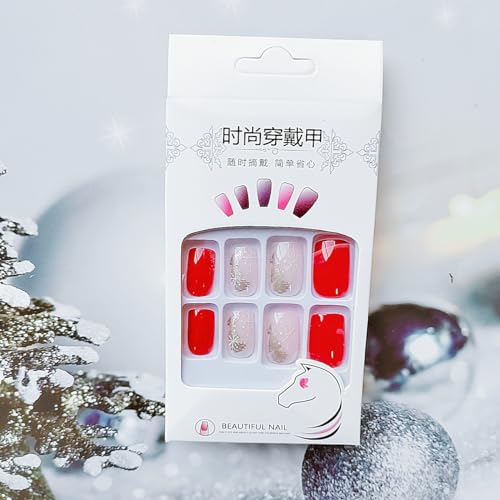 24Pcs Christmas Press on Nails Medium Square Fake Nails Red Glossy False Nails Press Ons with Snowflake Gold Foil Designs Pink Nail Tips Full Cover Artificial Glue on Nails Acrylic Nail Kit for Women - Image 5
