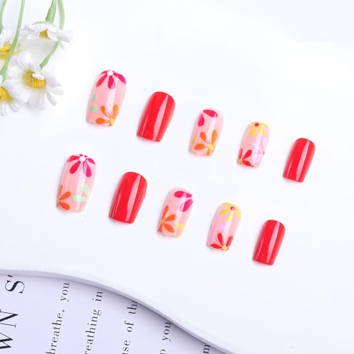 Flower Press on Nails Short Square Spring Summer Fake Nails, Colorful Daisy Acrylic Nails Kits, Red Nude Glossy Gel False Nails Stick Glue on Nails Tip Manicure 24Pcs - Image 3
