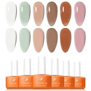 Jelly Gel Nail Polish Set 6 pcs Colors, Mint Green Beige Chocolate Coral Pink Rust Red Gel Nail Art Kit, UV LED Soak Off for Salon Manicure and Nail Art DIY at Home, for Gift
