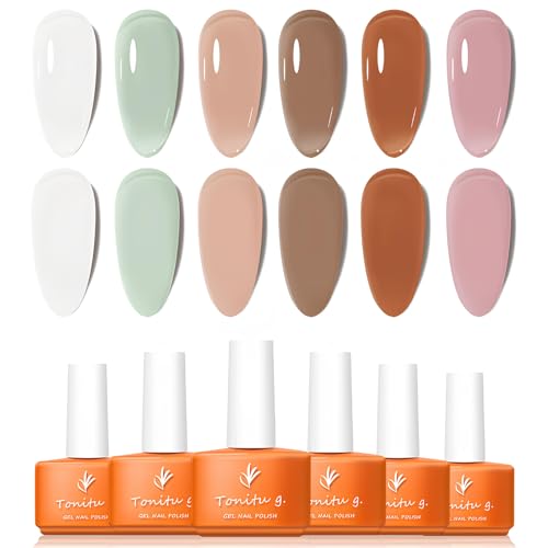 Jelly Gel Nail Polish Set 6 pcs Colors, Mint Green Beige Chocolate Coral Pink Rust Red Gel Nail Art Kit, UV LED Soak Off for Salon Manicure and Nail Art DIY at Home, for Gift