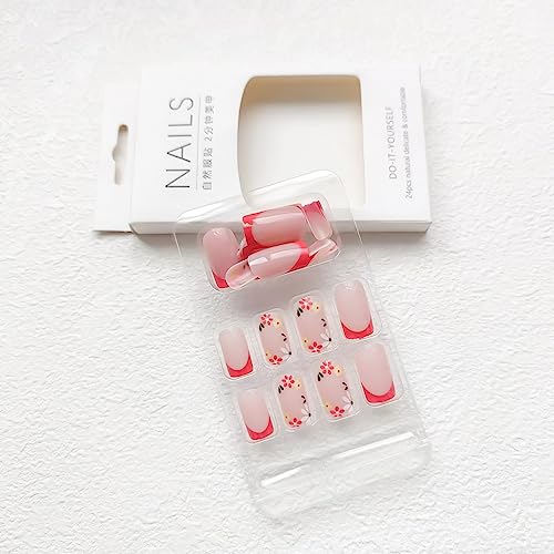 24Pcs Medium Press on Nails Square Fake Nails French Tip Full Cover Glue on Nails with Multicolor Designs Flower False Nails Glossy Pink Acrylic Stick on Nails DIY for Women - Image 4