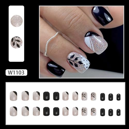 24 Pcs Short Square Black Press on Nails with Glitter Leaves Design for Women and Girls - Image 2