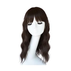 Hair Topper With Bangs Loose Water Wave Hairpiece Clip in Synthetic Hair Topper Synthetic Hair Toupee for Women Girls (18inch, Blackish Brown)