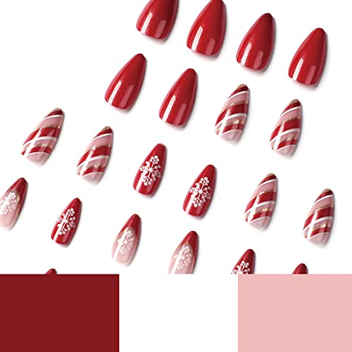Christmas Press on Nails Medium Fake Nails Almond Glitters Strip Snowflake Pattern Red Nail Decorations Full Cover Acrylic Nail Tips Fingernails Cute New Years Party Stick on Nails for Women 24Pcs - Image 6