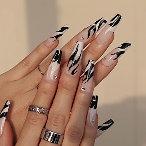 IMSOHOT Coffin Press on Nails Long Press on Nails White French Tips Black Flame False Nails with Designs Rhinestone Full Cover Glossy Ballerina Acrylic Nails for Women 24Pcs - Image 3