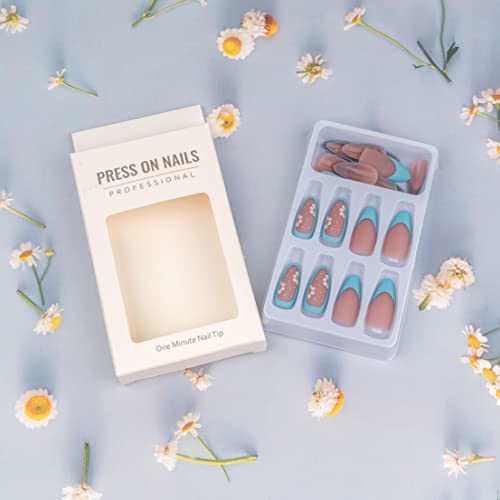 24 Pcs Pink Press on Nails Medium Length Almond Shaped False Nails White Flower Glue on Nails Yellow Designs sun frosted Acrylic Full Cover for Women Girls French Nail Art Decorations - Image 5