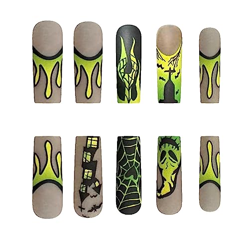 Long Fake Nails, Halloween Press on Nails Square Acrylic Nails Matte False Nails French Press on Nails with Ghost Castle Spider Web Flames Designs Yellow Green Gradient Stick on Nails for Women Girls - Image 2