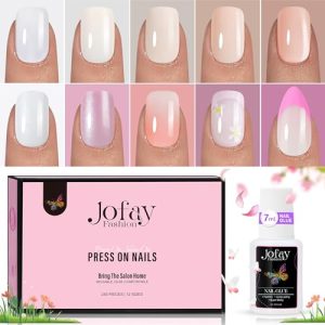 Jofay Short Solid Color Press On Acrylic Nail Kit 10 Pack with 7ml Glue